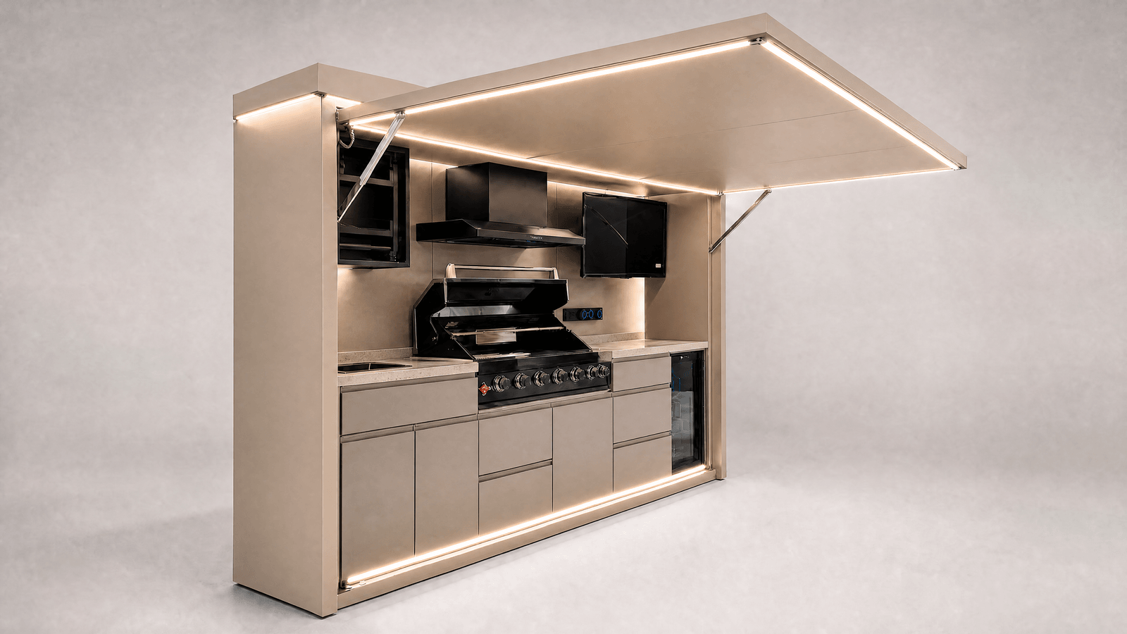 Ultra pod with XL barbecue setup in champagne finish